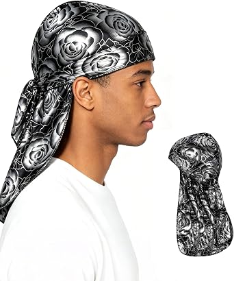 Bycc Bynn Silky Rose Print Durags for Men Waves, Designer Durag Wave Cap with Long Tail