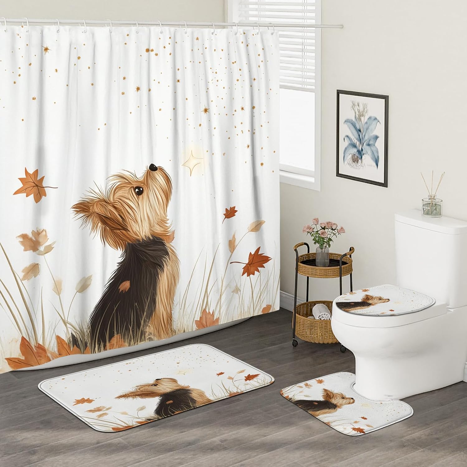 4PCS Fall Yorkies Dog Shower Curtain Sets with Non-Slip Rug, U Shape Toilet Lid Cover Mat, Autumn Watercolor Leaf Flower Bath Decor, Bathroom Accessories 72 Inch