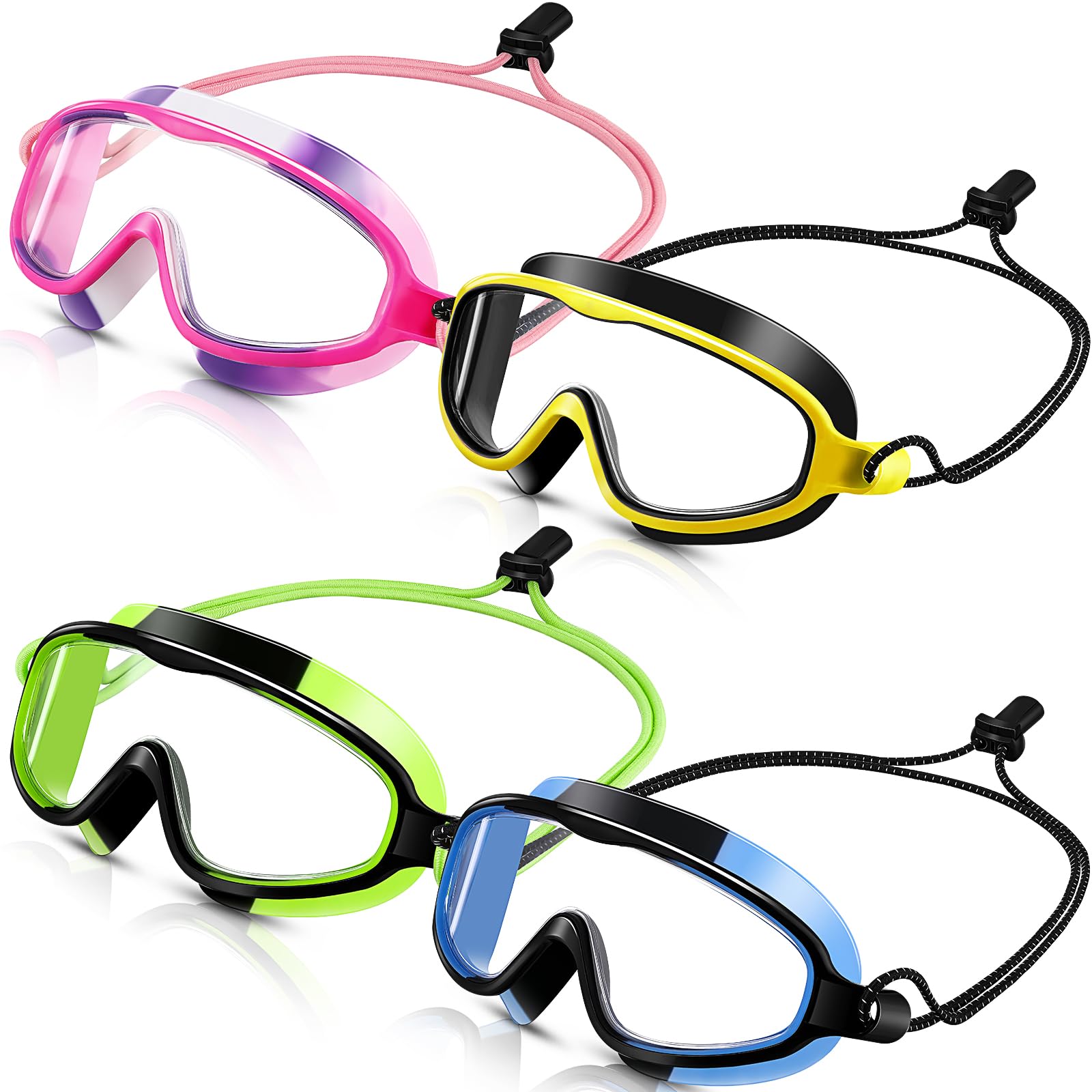 Hollowfly Lot de 4 lunettes de natation anti-buée pour enfants à réglage rapide, sans fuite, étanche, avec pince-nez, bouchons d'oreille