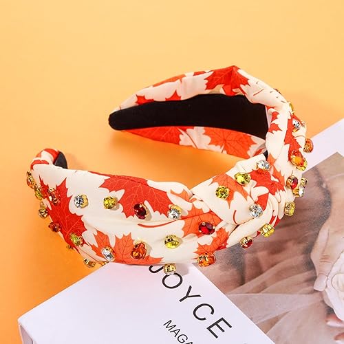 Miniatura 5 de Diademas de Acción de Gracias para mujer, con nudo de hoja de arce, pavo, calabaza, adornado con diamantes de imitación de cristal con nudo ancho,