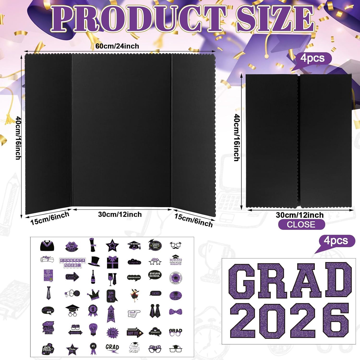 MiniInflat 4 Set Graduation Photo Display Board Trifold Poster Board for Class of 2026 Grad Party Picture Display Graduation Photo Frames for Multiple Pictures Table Decor(Purple,24 x 16 Inches)