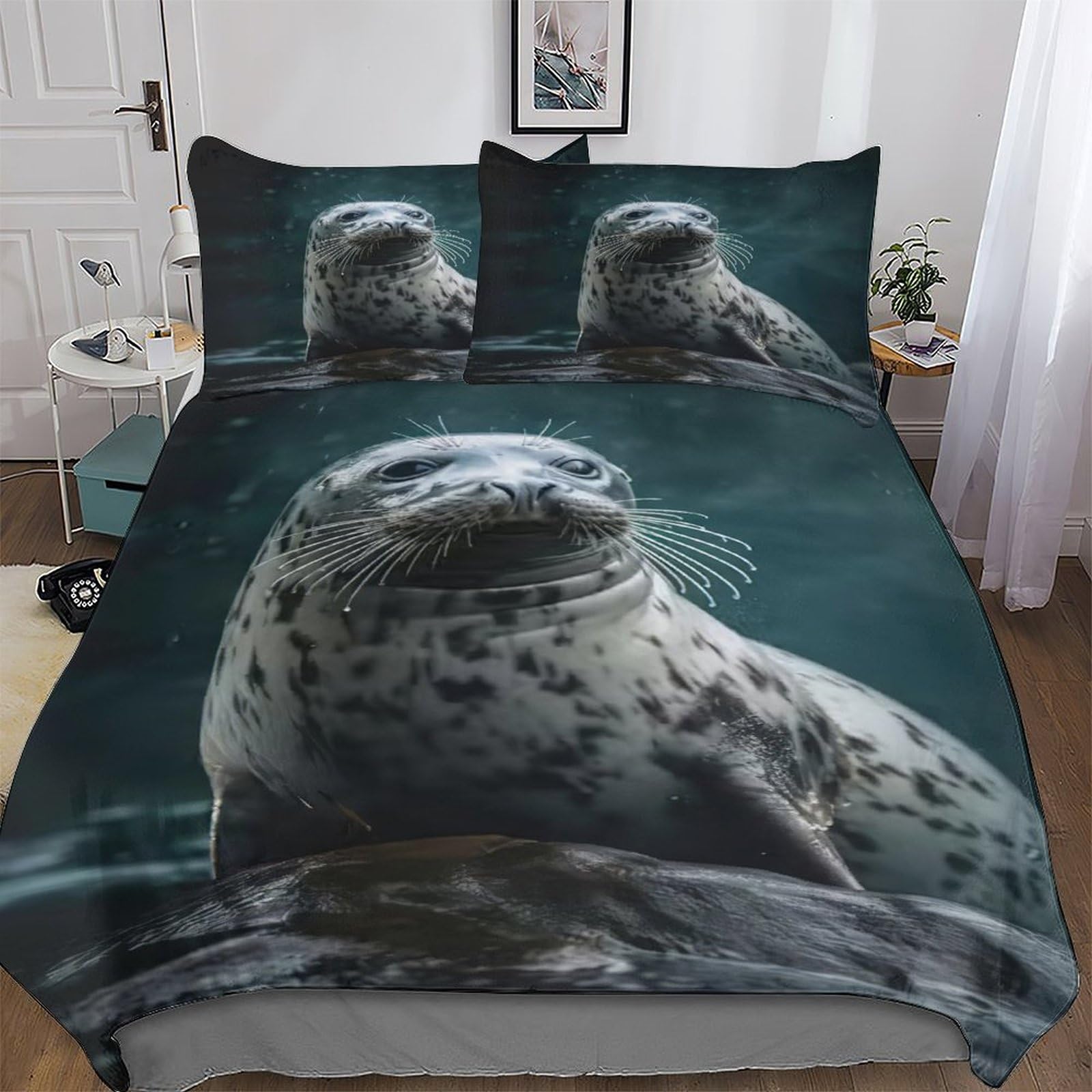 Pazzk Seal Duvet Cover Set, Bedding Linen Set, Ultra Soft Comforter Cover With Zipper Closure 2 Pieces, Quilt Cover With Pillowcase For Kids, Youth And Adult Single (135X200cm)