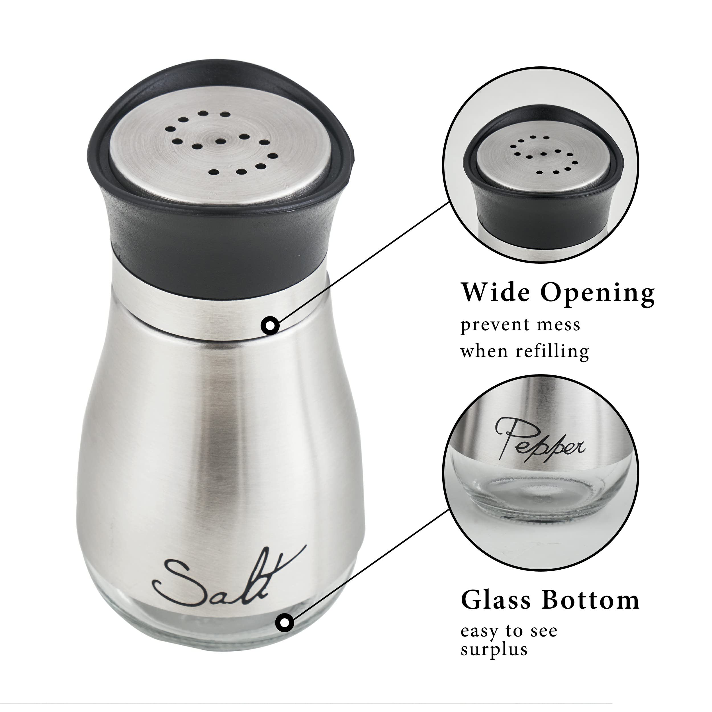Salz- und Pfefferstreuer-Set, Edelstahl mit Glasflasche für Tisch, Wohnmobil, Camp, BBQ, 2er-Set, silberfarben