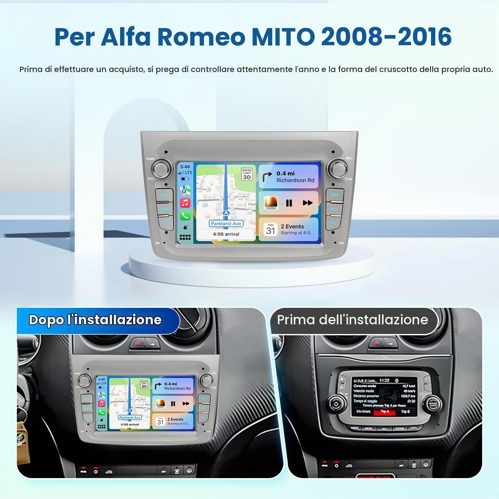 Rimoody【DAB+】2G+64G 7'' Android 15 Autoradio per Alfa Romeo MITO 2008-2016 Carplay Senza Fili Android Auto Navi GPS WiFi Mirror Link Bluetooth FM/RDS EQ Comandi al Volante Retrocamera