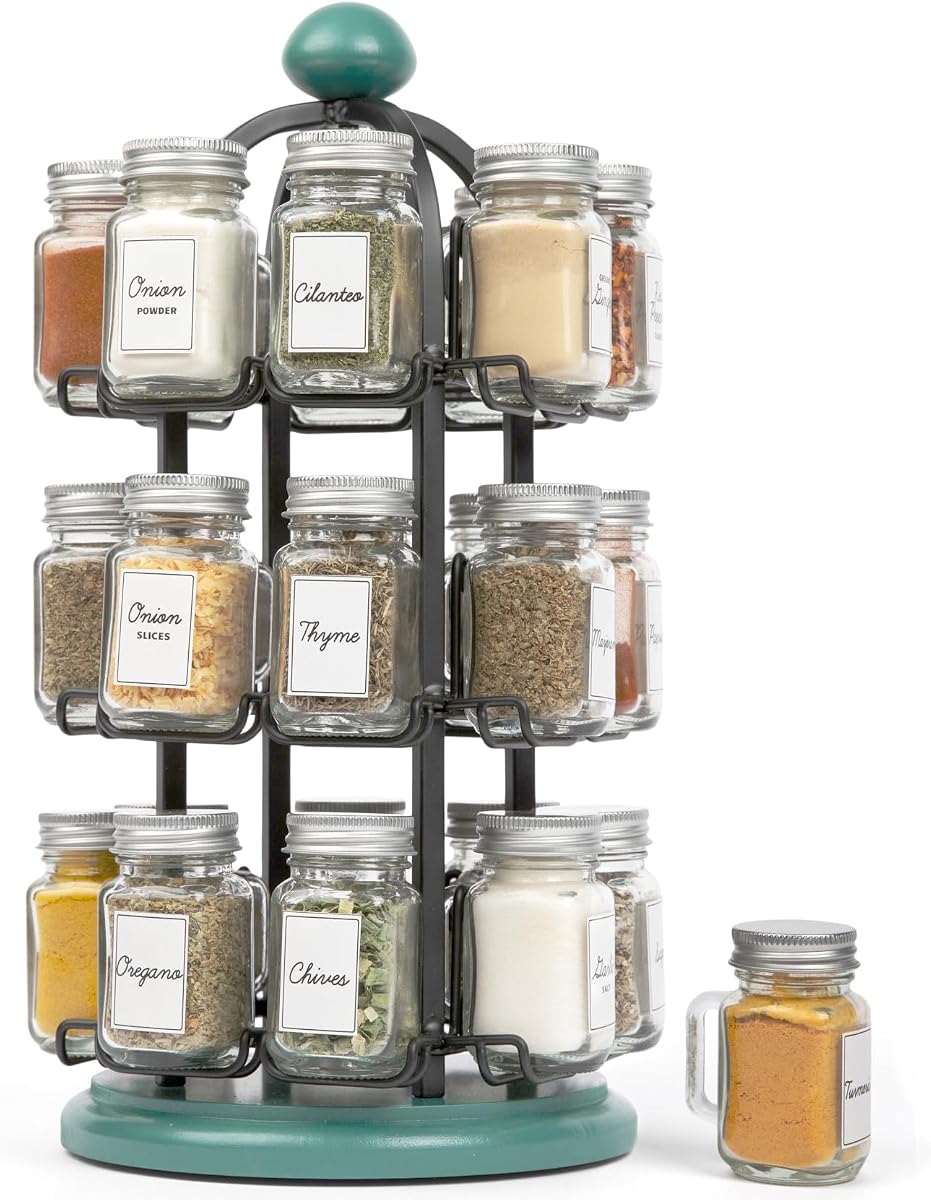 Adrinova 24 Jar Rotating Spice Rack with Spices Included & 5-Year Spice Refill Program – Revolving Countertop Spice Rack with Glass Jars | 5-Year Spice Refill Program, Revolving Countertop, Glass Jars