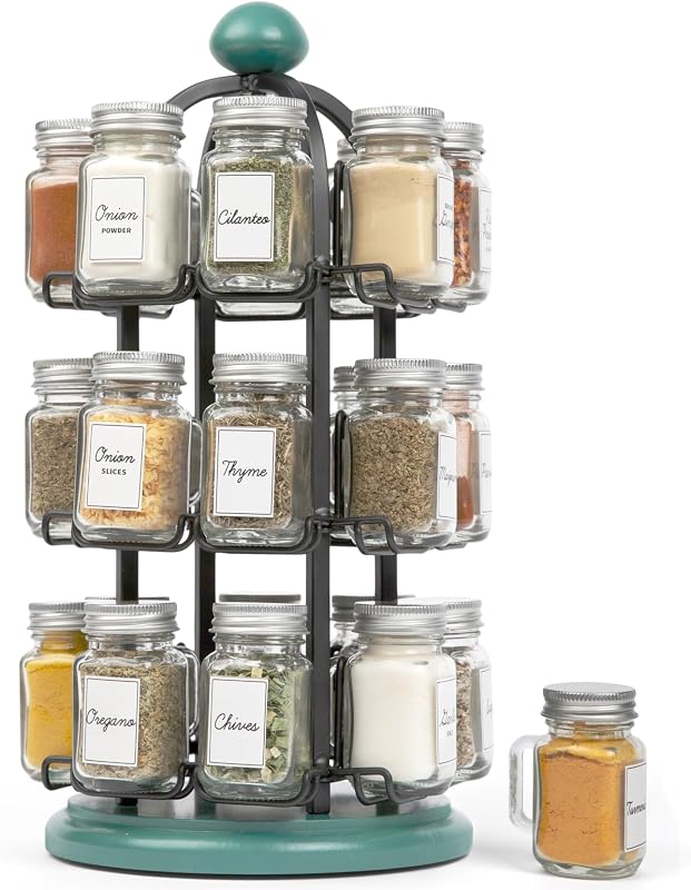 Adrinova 24 Jar Rotating Spice Rack with Spices Included & 5-Year Spice Refill Program – Revolving Countertop Spice Rack with Glass Jars | 5-Year Spice Refill Program, Revolving Countertop, Glass Jars