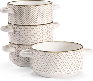 KooK Ceramic Soup Bowls with Handles, Embossed, for French Onion Soup, Pastas, Ramen, Stews, Microwave & Dishwasher Safe, Ivory with Hand-Painted Rim, Set of 4, 24 oz, Narbonne Collection