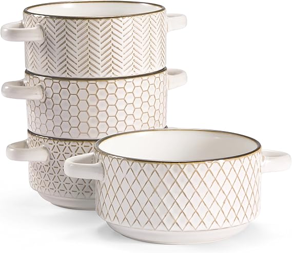 KooK Ceramic Soup Bowls with Handles, Embossed, for Cereal, Dessert, Pastas, Microwave & Dishwasher Safe, Ivory with Dark Copper Accents, Set of 4, 26.5 oz, Narbonne Collection