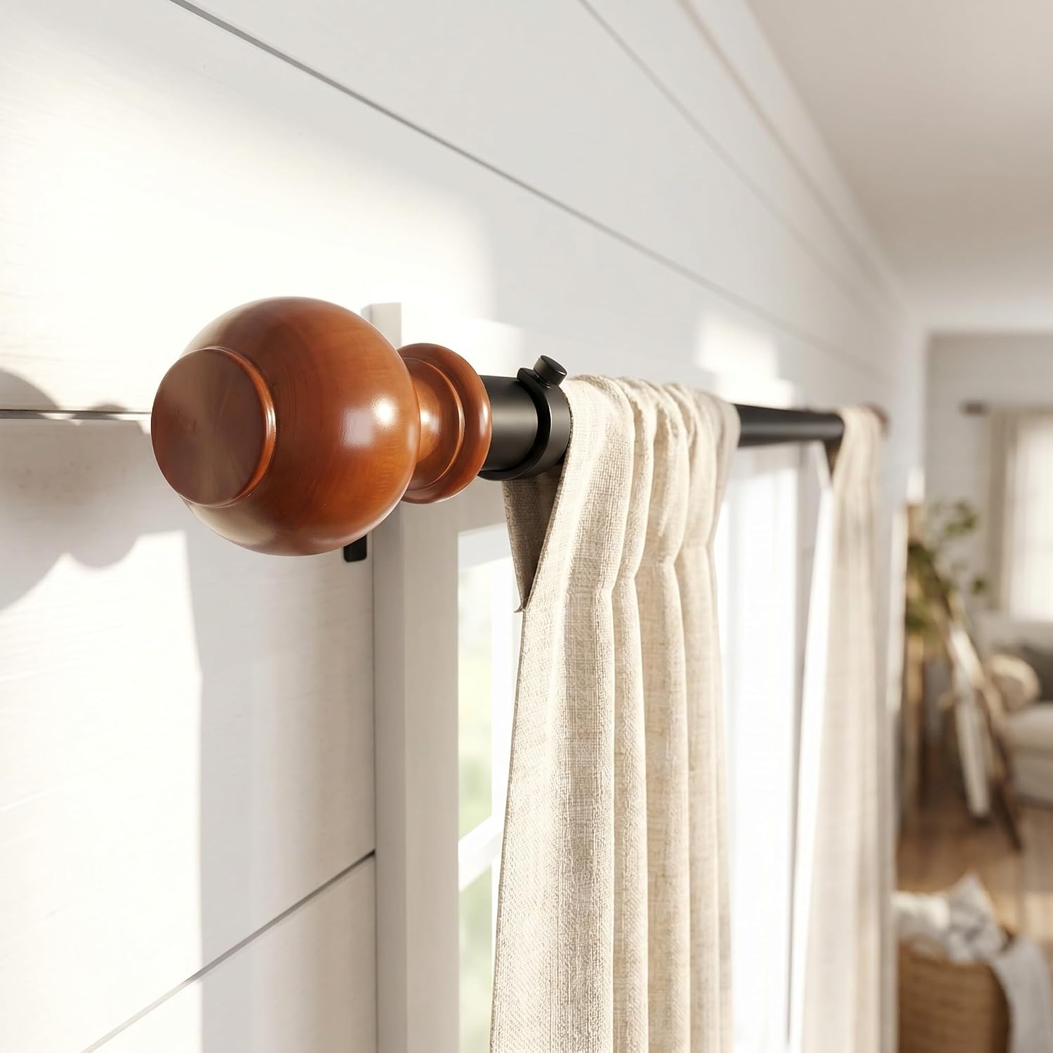 Cabilock 4-Pack Wooden Finials for Curtain Rod, Decorative Drapery Rod End Caps with Walnut Finish, Universal Screw-on Window Treatment Replacement Heads