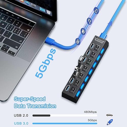 Miniatura 4 de vienon Hub 3.0, extensor USB de 7 puertos con interruptores LED individuales de encendidoapagado, concentrador USB3.0 para laptop, PC, MacBook, Mac