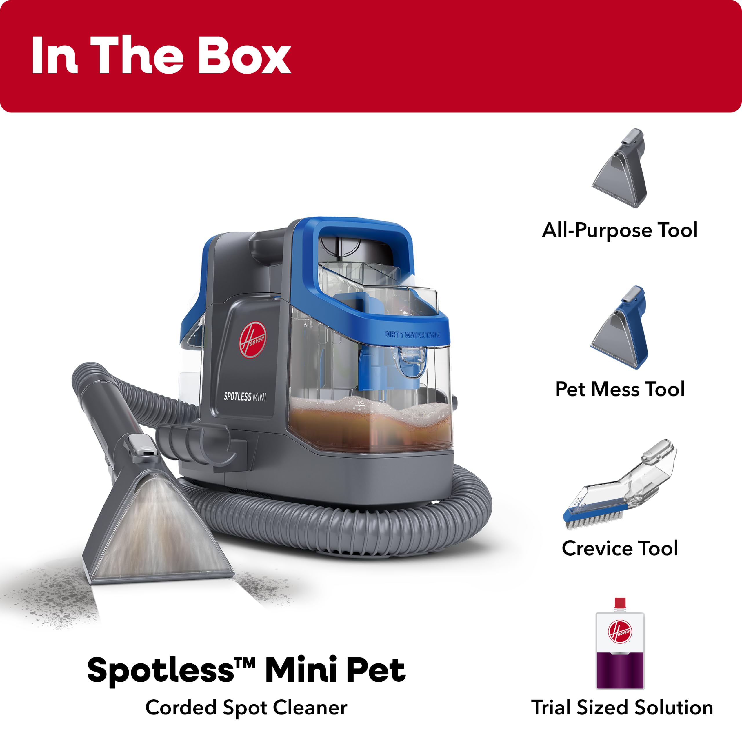 Hoover Spotless Mini Pet FH12351, limpiador de alfombras y tapicería para escaleras, muebles, desorden de mascotas y coches, diseño compacto, tanque de fácil llenado, manguera autolimpiante, ligero
