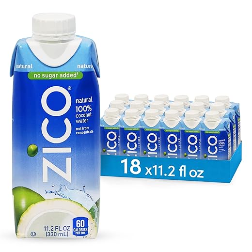 ZICO 100% Coconut Water Drink - 18 Pack, Natural Flavored - No Sugar Added, Gluten-Free - 330ml / 11.2 Fl Oz - Supports Hydration with Five Naturally Occurring Electrolytes - Not from Concentrate,11.2 Fl Oz (Pack of 18)