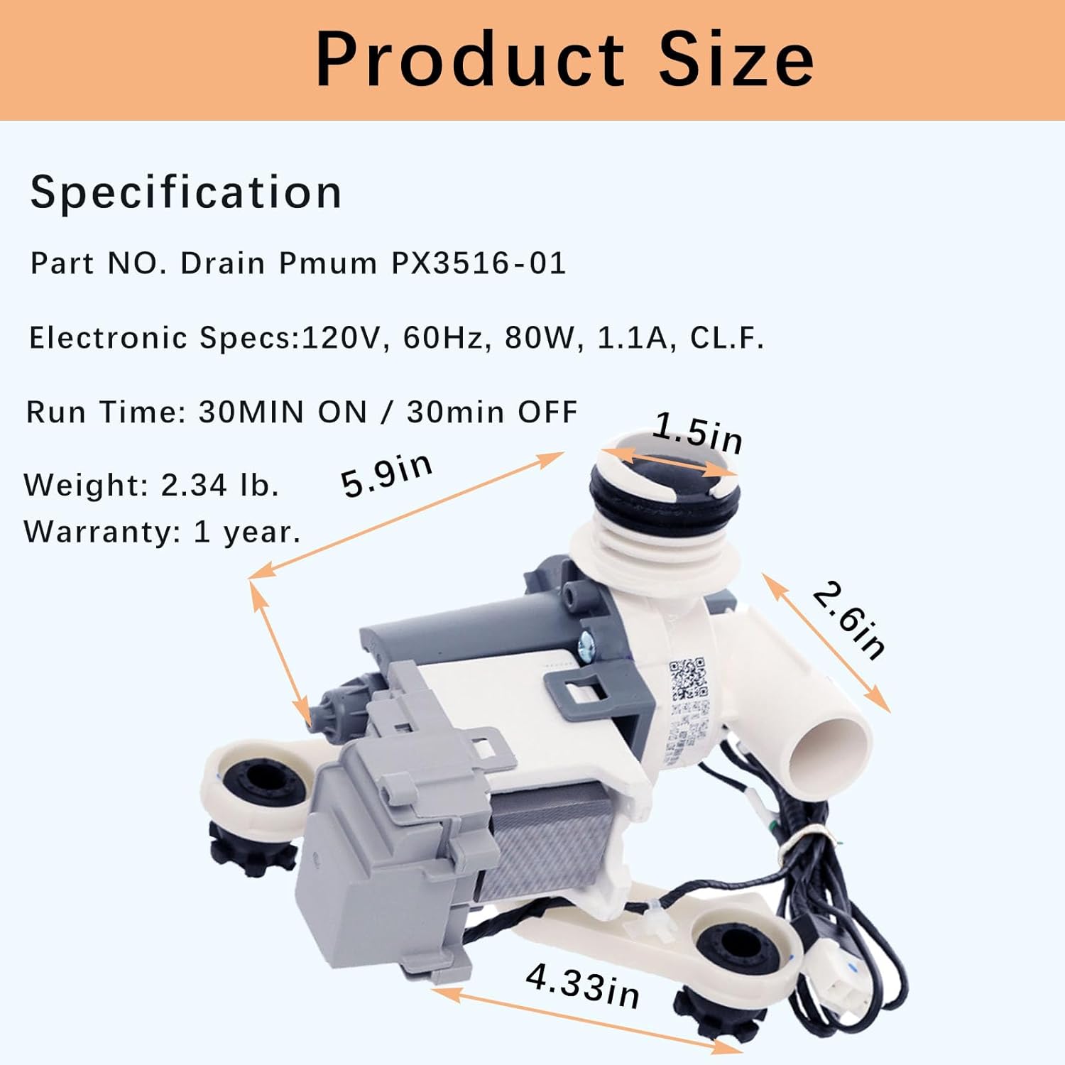 DC97-19289F PX3516-01 Washer Drain Pump Assembly Compatible with Samsung WA45N3050AW/A4, WA45H7000AP/A2, WA44A3205AW/A4, WA50M7450AW/A4, WA50F9A7DSP/A2, WA45M7050AW/A4, WA52M8650AW/A4 Drain Pump Motor