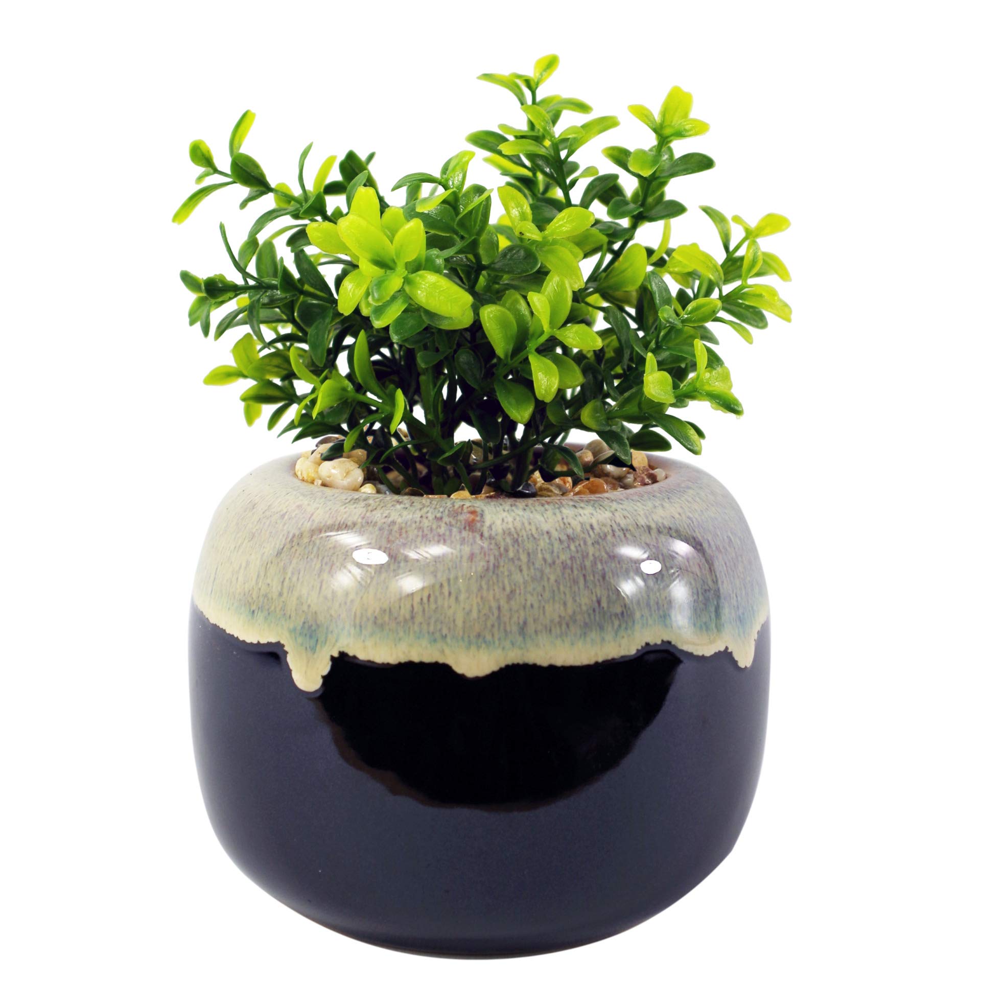 Leaf Ceramic Drip Glazed Planter Plant, Artificial Crassula, 18cm