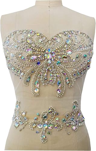 Zbroh Parches de diamantes de imitación hechos a mano para coser cuentas piedras apliques para accesorio de vestido delantero (plata)