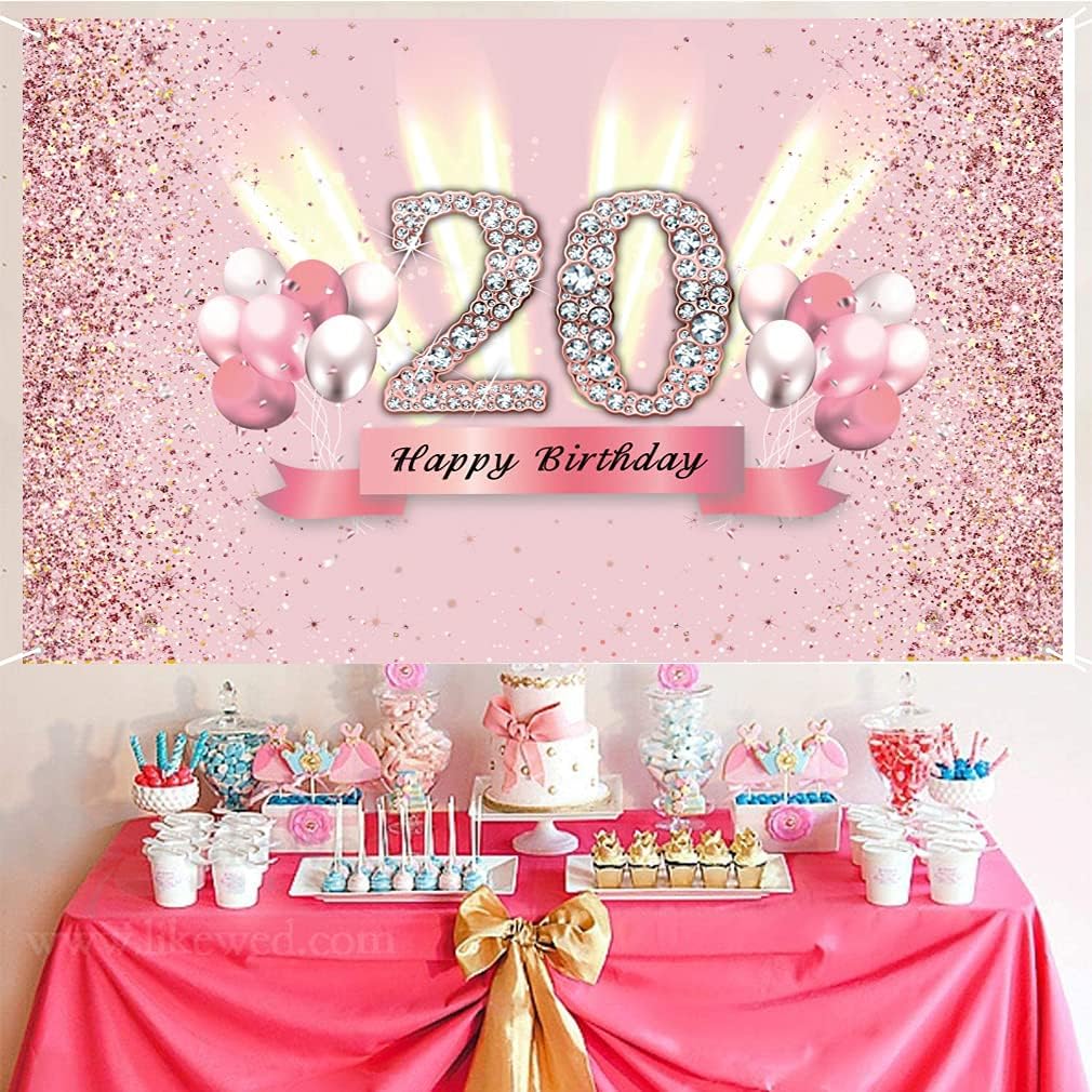 20th Birthday Decorations for Women 20 Years Old Anniversary Party Fabric Sign Poster Pink Photo Background 20th Birthday Party Supplies, 59"x35.4" image 2