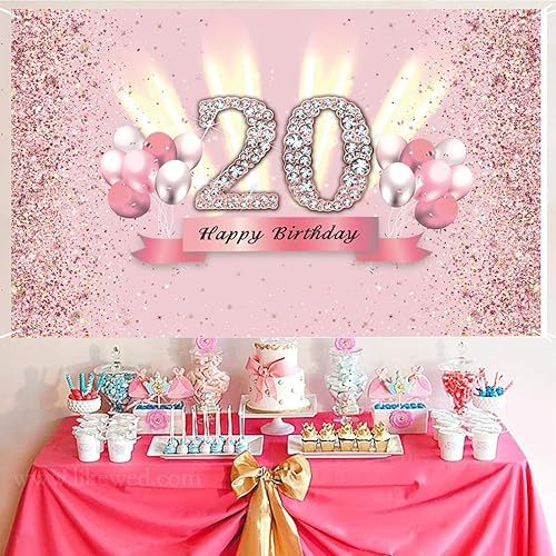 Miniatura 2 de Decoraciones de 20 cumpleaños para mujeres, póster de tela para fiesta de aniversario de 20 años, fondo de foto rosa, suministros de fiesta de