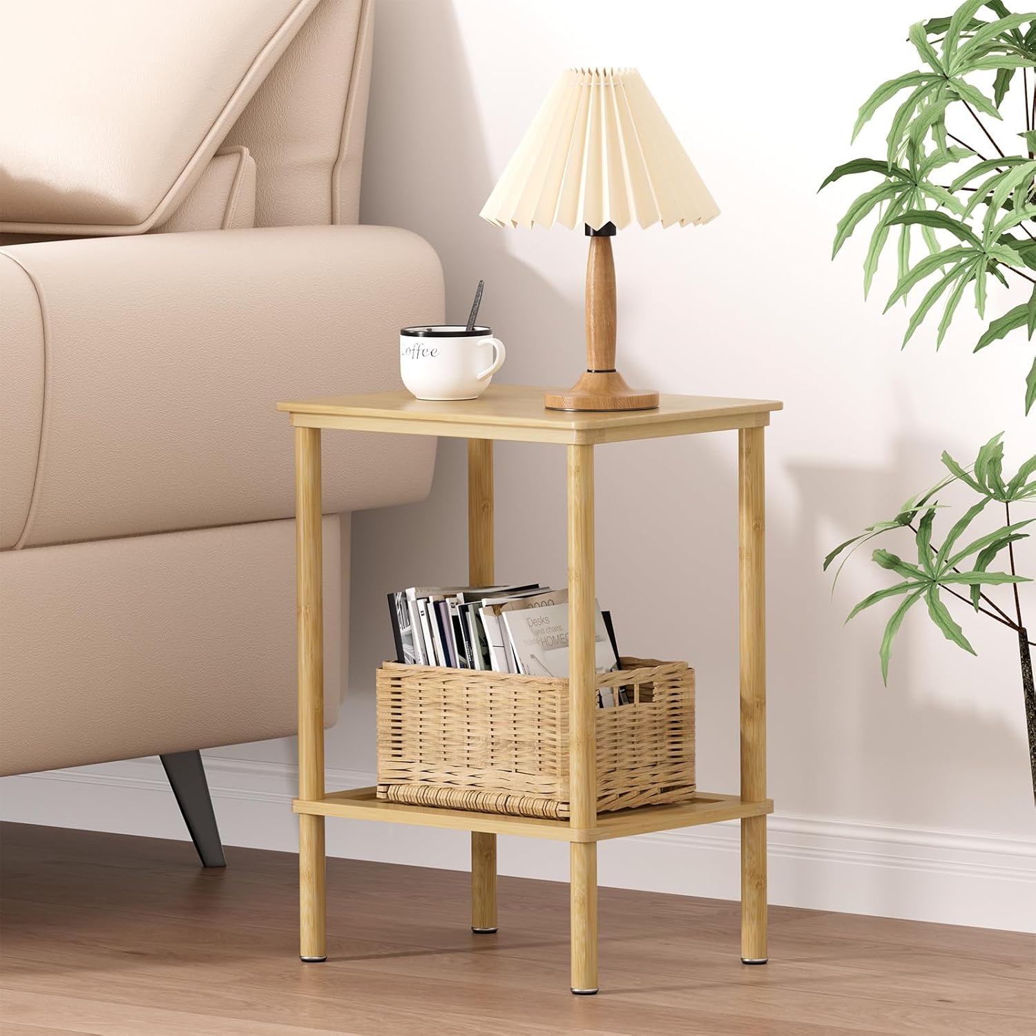 2 Tier Bamboo End Table, Narrow Side Table with Adjustable Feet, Waterproof Small Bedside Table, Nightstand, Entryway Table for Living Room Bedroom Bathroom, No Tool Assembly, 66LBS Capacity