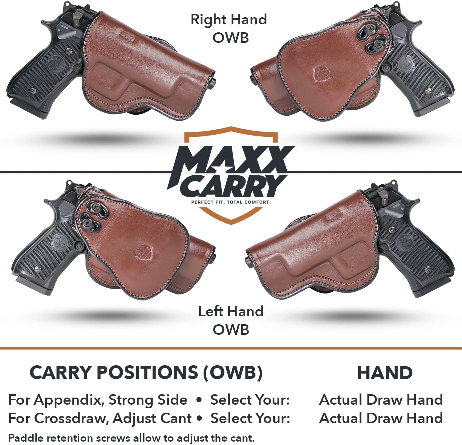 Maxx Carry Compatible with Leather Paddle OWB Gun Holster fits Glock G34 9mm | Beretta 92 F, 92 FS, 92 A1, M9 A1, 96 A1, 96 FS | Springfiel XDM 4.5 and 5.25 inch | Taurus 92