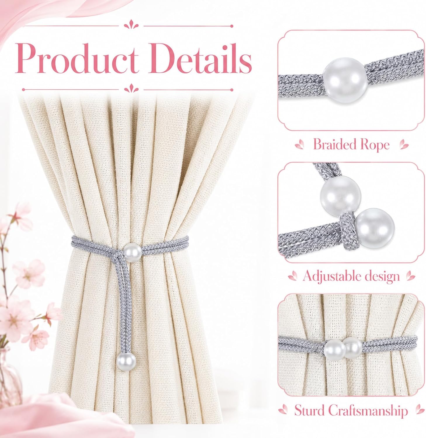 JIEYAO 8Pcs Curtain Ties for Drapes Silver Adjustable Curtain Rope Tiebacks