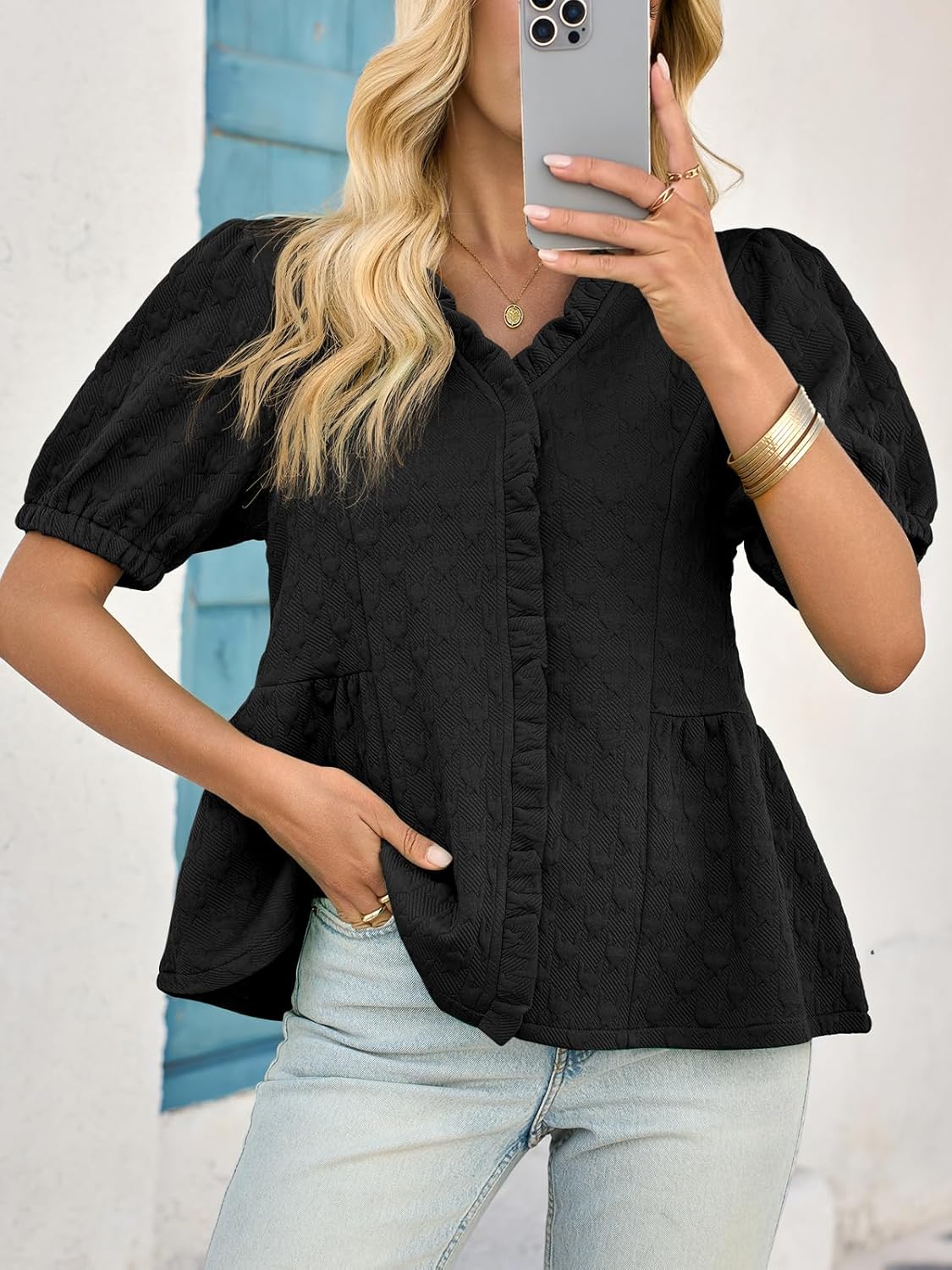 Cicy Bell Womens Peplum Puff Sleeve Tops Dressy Casual Summer Textured Blouses V Neck Ruffle Pleated Shirts - Image 6