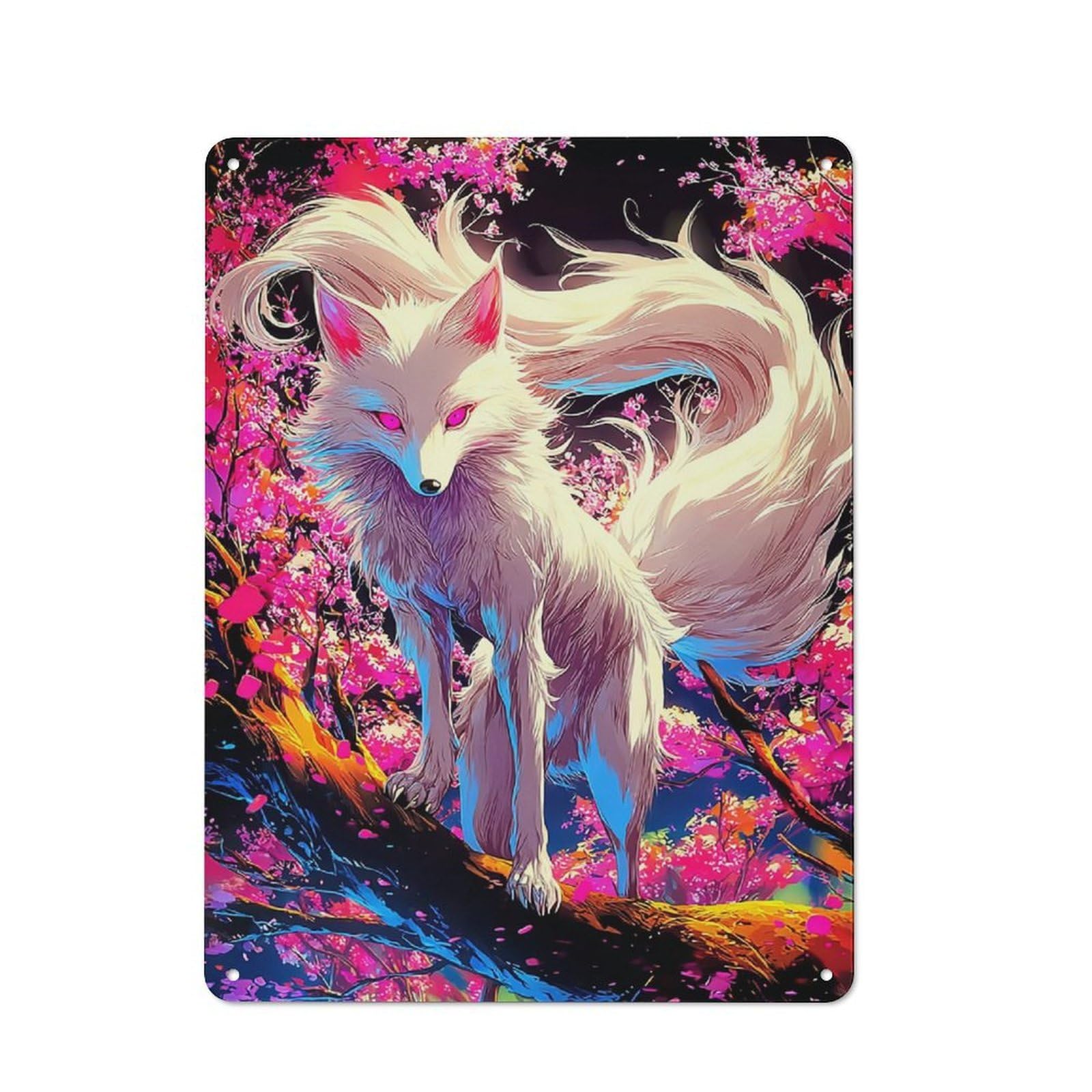 Junmoney Magical Fox In Blossom Forest Metal Wall Sign 40X30cm Featuring For Pub Or Café, For Pub Decor Enthusiasts, For Retro Home Interiors