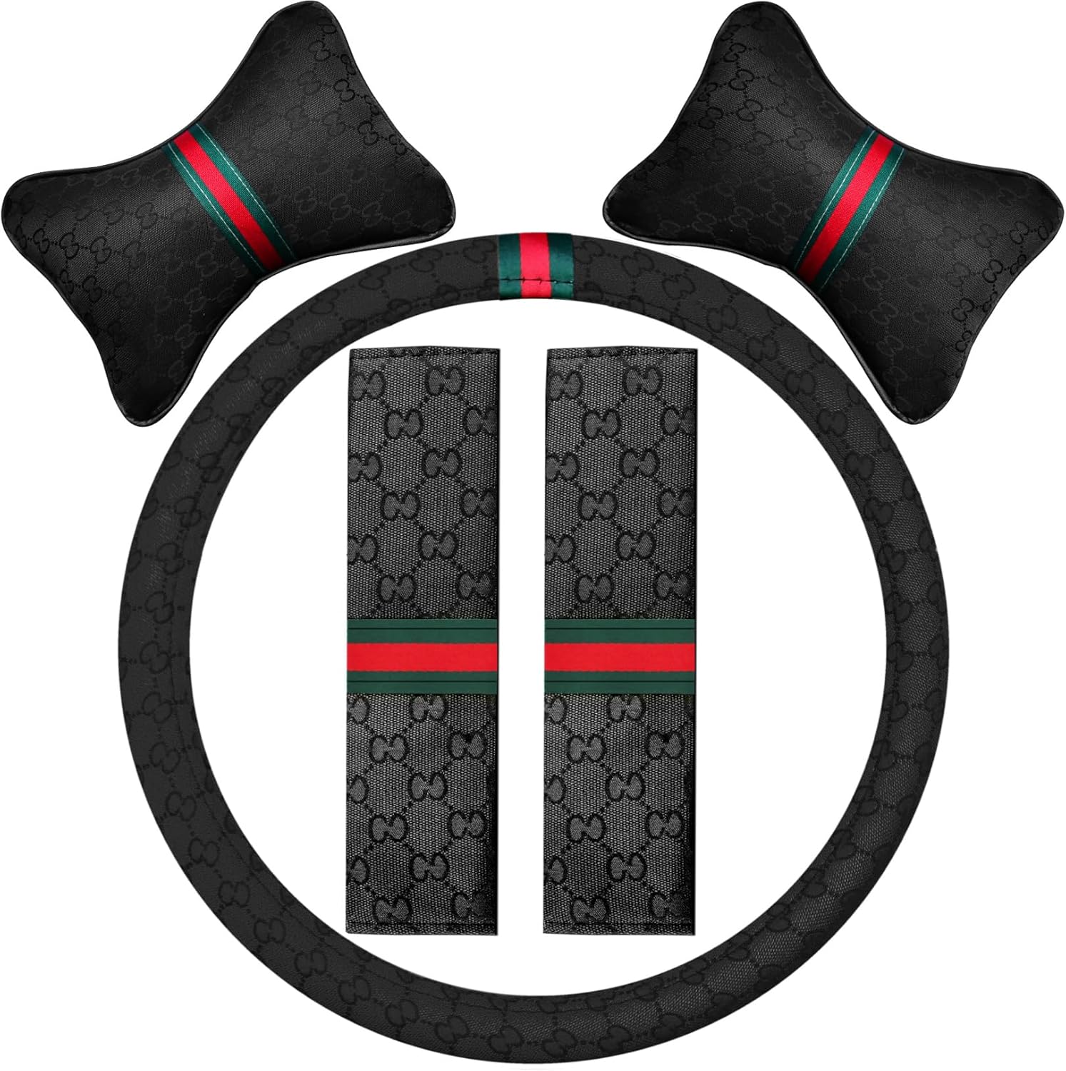 5PCS Steering Wheel Cover, with 2 Headrests, 2 Seat Belt Covers - Universal Fit for 14.5-15" Steering Wheel, Enhances Driving Experience - Perfect for Women (Black)
