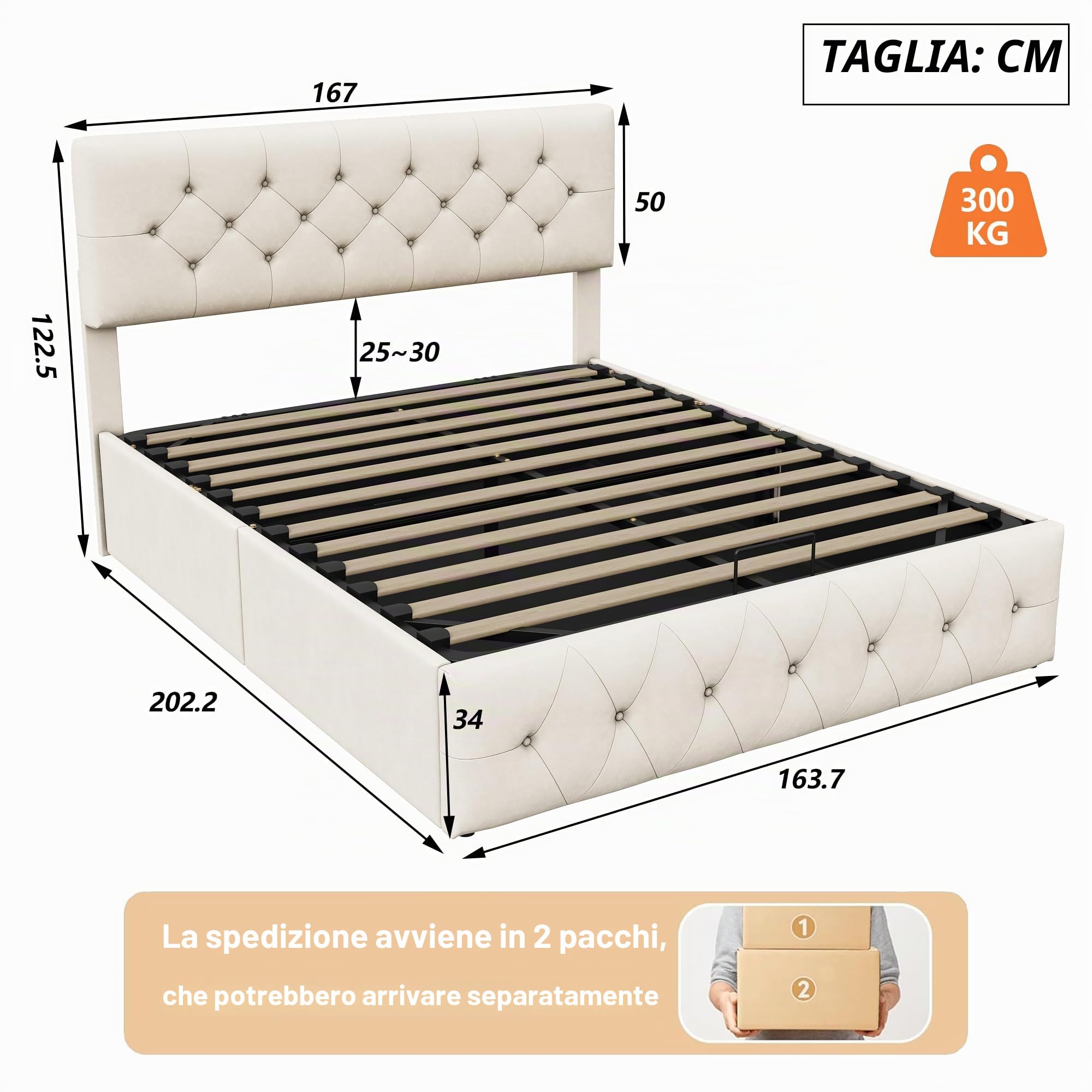 BRILVERDE Letto imbottito 160 x 200, letto matrimoniale con spazio e rete a doghe, letto idraulico, testiera regolabile, velluto (Beige, 160x200cm)
