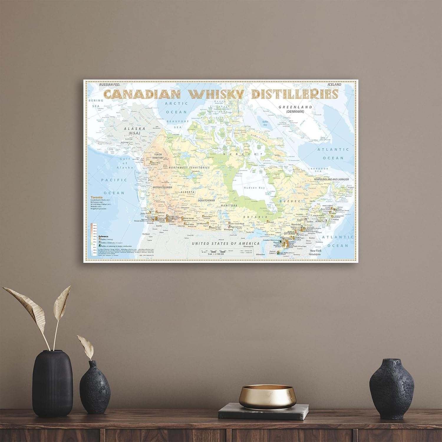Canada Whisky Distilleries Map Poster - Detailed Art Print of Major Canadian Distilleries Locations - Wall Art for Home Bar, Living Room, Office Decor 16x24in Framed