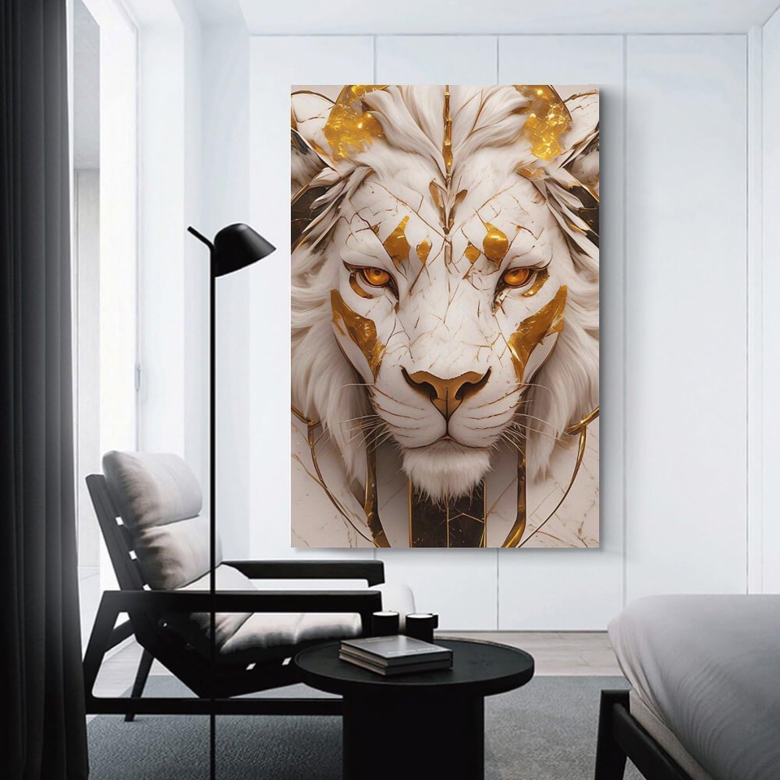 Junmoney Unframe-Style-13 White And Gold Lion Portrait Hanging Wall Art, 12X18inch(30X45cm), For Gallery Wall Decor And Room Displays, Home Wall Art For Statement Displays