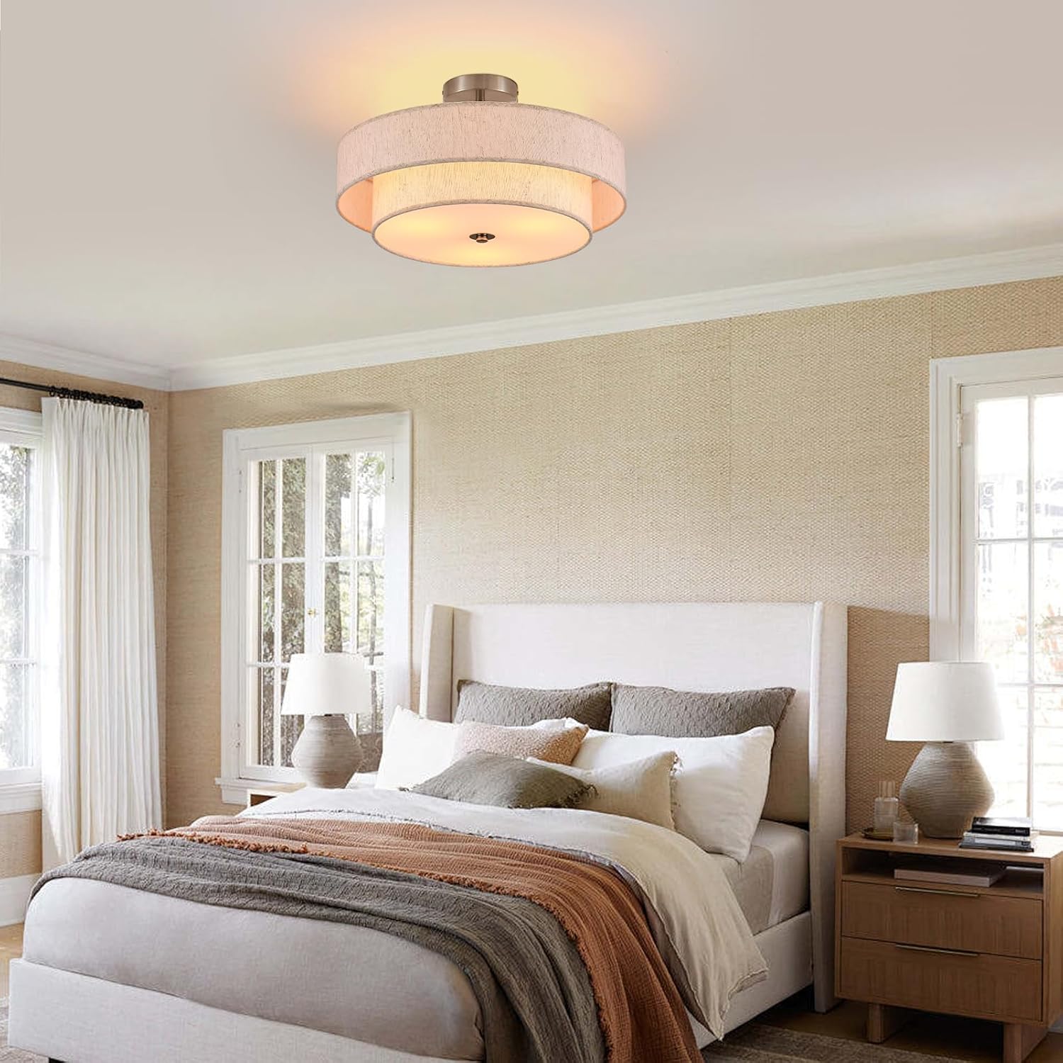 18" Semi Flush Mount Ceiling Light 3-Light Modern Linen Drum Ceiling Lighting with Chrome Finish, Vintage Ceiling Light for Living Room, Kitchen, Basement, Laundry Room, Bedroom