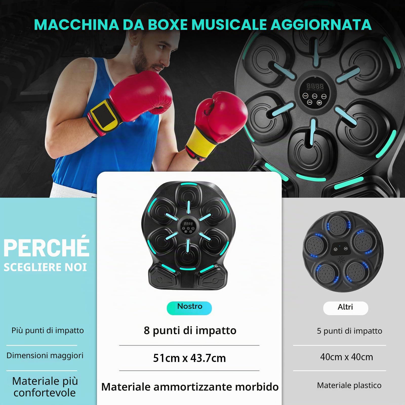 Music boxing machine con Bluetooth, macchina da boxe musicale | musica boxing machine montaggio a parete, 8 punti di impatto morbidi, 9 modalità di allenamento, con 2 guanti