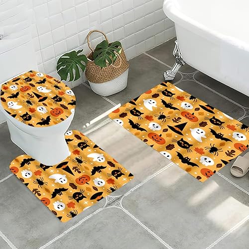 Miniatura 4 de Juego de 4 cortinas de ducha de Halloween naranja divertidos murciélagos fantasmas con alfombra de baño, tapete en forma de U, cubierta de tapa de