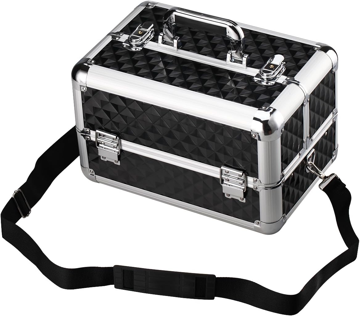 13.8'' Aluminum Professional Makeup Train Case Makeup Organizer with Adjustable Dividers -Cosmetic Box for Travel Makeup Storage,4 Trays and 2 Locks Makeup Box Designed To Fit All Cosmetics350TBBY-B
