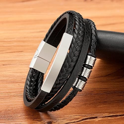 Miniatura 2 de Hoigblxy Stainless Steel Handmade Leather Bracelet For Men Magnetic Clasp Classic Multi-layer Men Leather Bracelet Jewelry Gift Length 8.26 inch