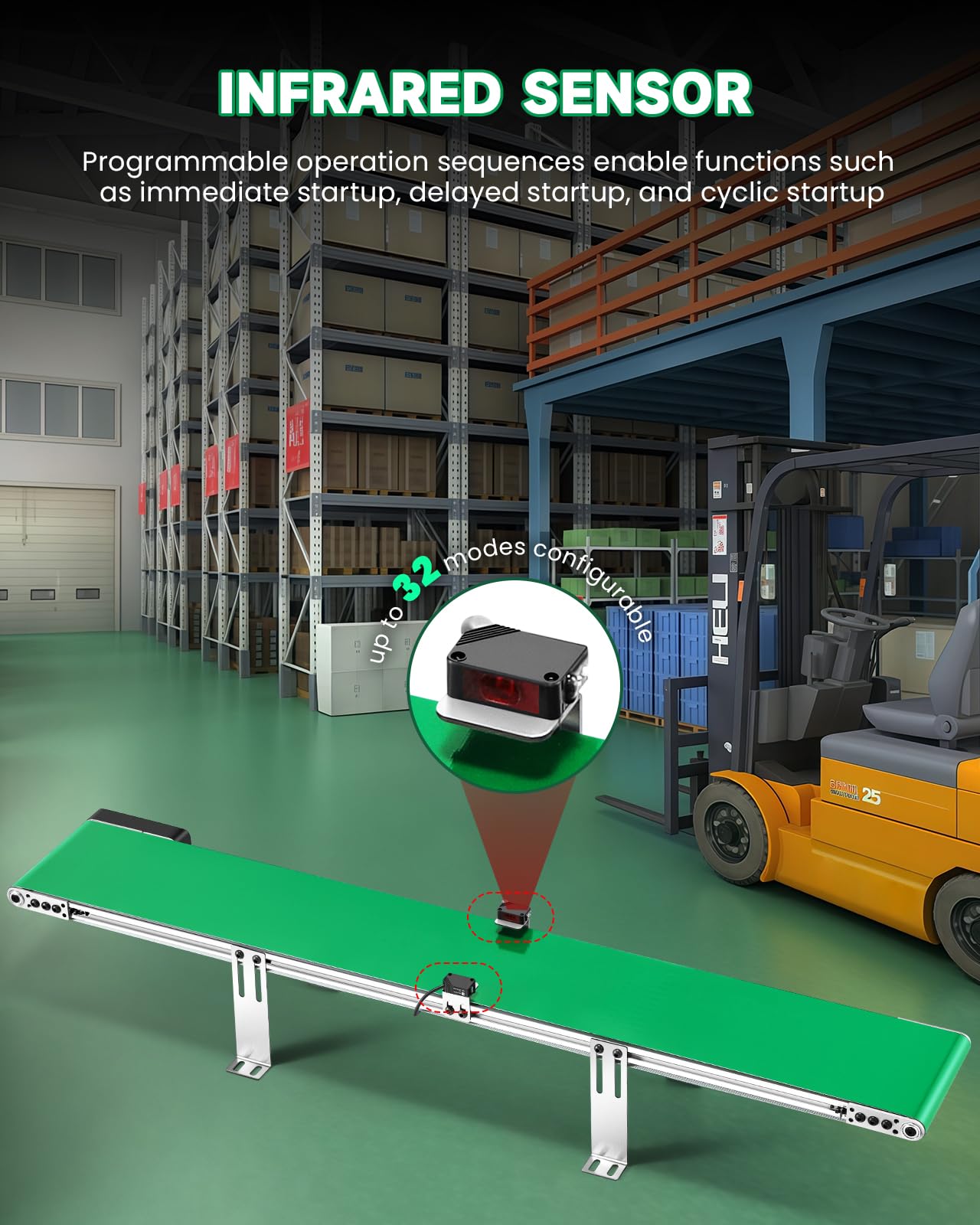 Nastro trasportatore da 39 pollici con sensore, Programma multi operazione, Versione desktop Regolazione della velocità senza passaggi Trasportatore in PVC per fabbrica di imballaggi, Linea