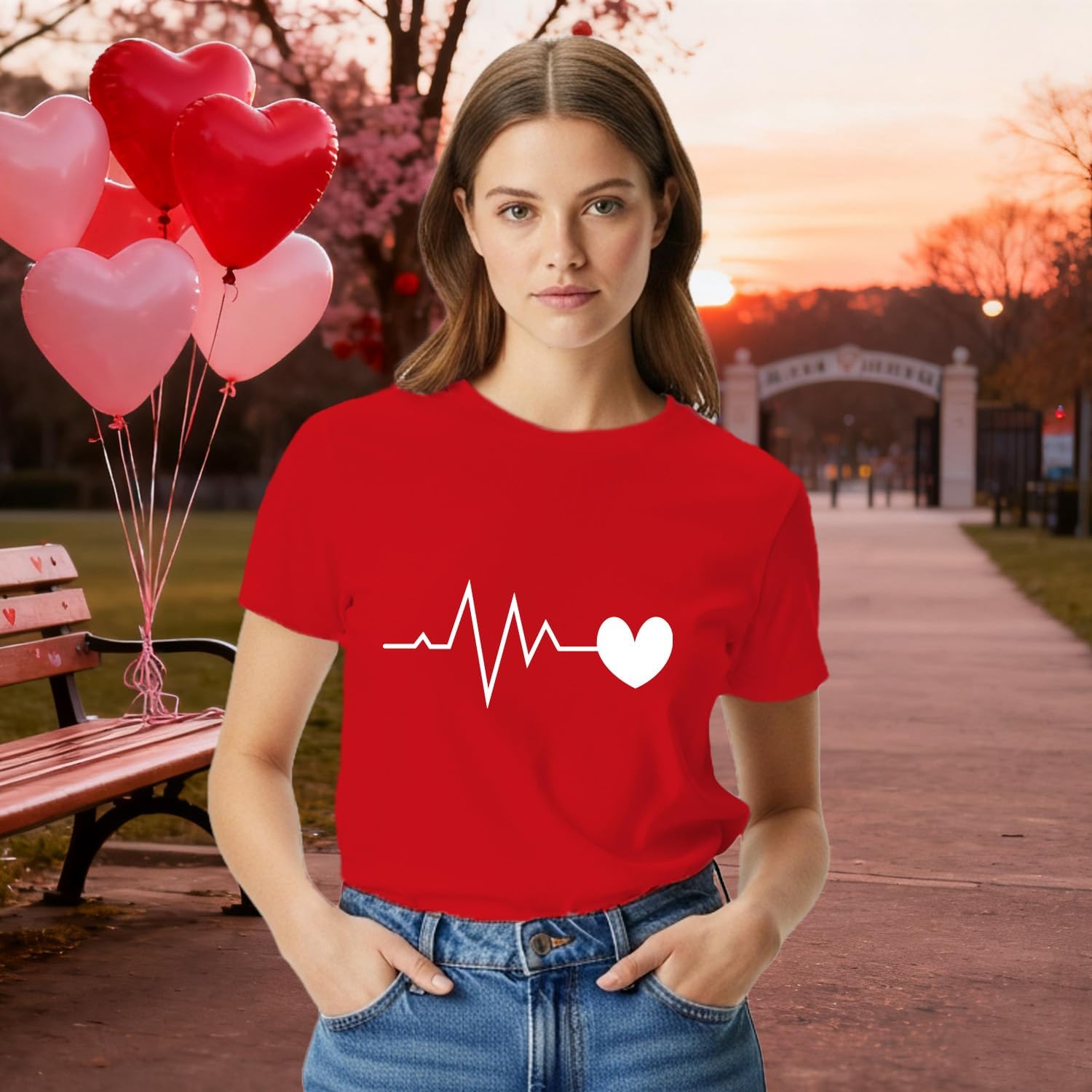 Valentines Shirts for Women Valentines Day T-Shirt Heartbeat Pattern Tee Tops - Image 2
