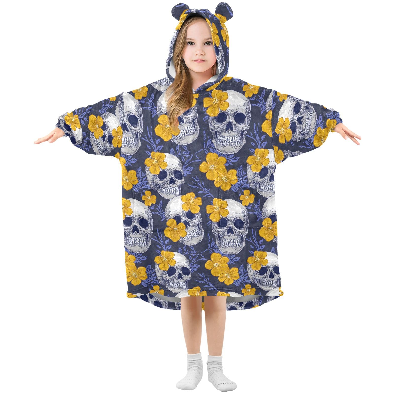 Manta con capucha y flores amarillas para niños, bata de franela suave con orejas y bolsillos, ropa de dormir cálida para niños y niñas