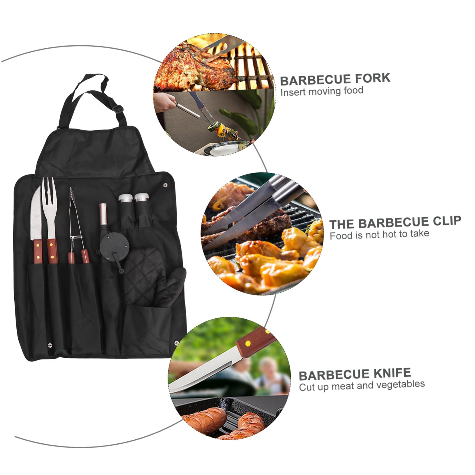 SHINEOFI Juego de Utensilios para Barbacoa 8 Piezas Mango de Madera Acero Inoxidable Delantal de Barbacoa Negro Accesorios Multifuncionales para Exterior Camping y Parrilla al Aire