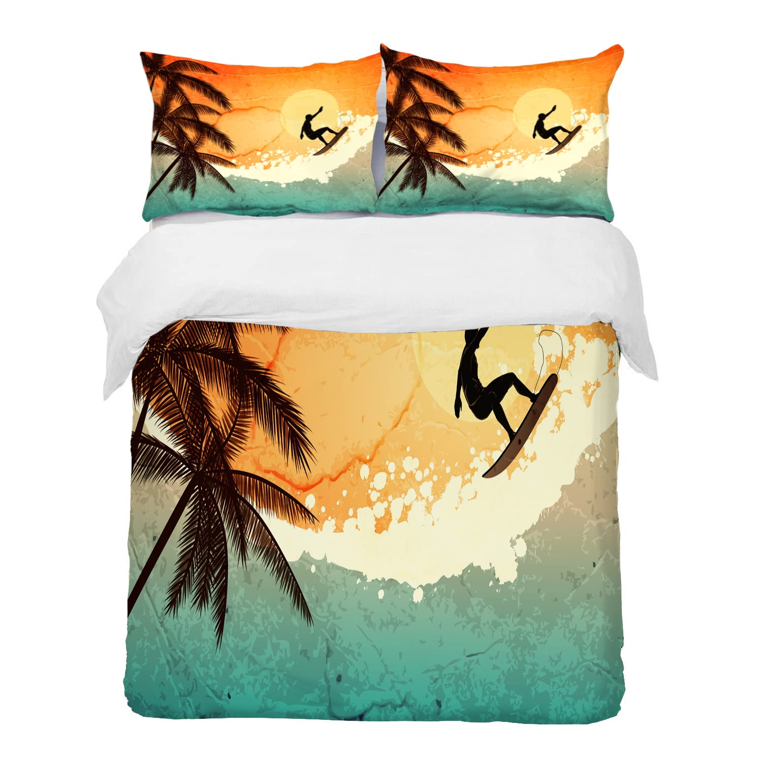 Bettwäsche 3 Teilig Bettgarnitur,Illustration von Tropical Island Surfer auf Meereswellen und Palmen bei Sonnenuntergang,Gemütlich Mikrofaser Bettbezug Set 1 Bettbezug Set 200 x 200 cm Küche, Haushalt & Wohnen