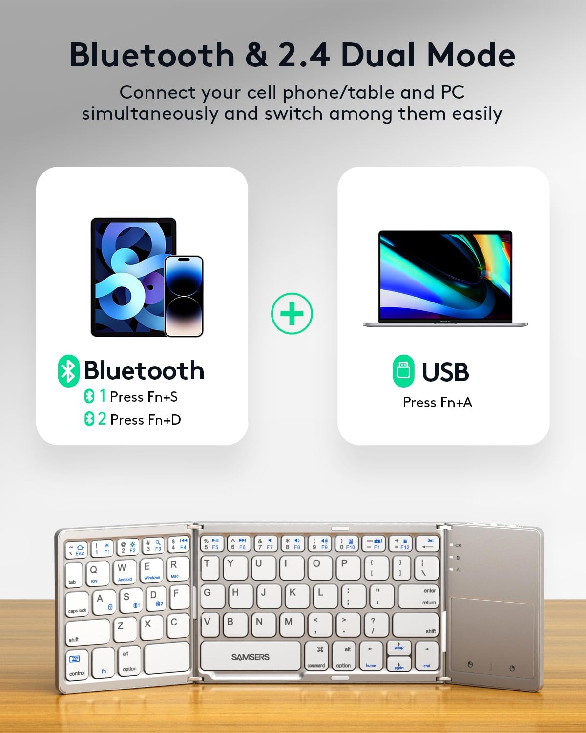 Samsers Multi-Device Foldable Bluetooth Keyboard with Touchpad, Rechargeable Dual-Mode(2.4G+BTx2) Wireless Keyboard with Holder, Portable Folding Keyboards for Android Windows iOS Mac OS - Silver 2.4G + BT x2 Frost Silver
