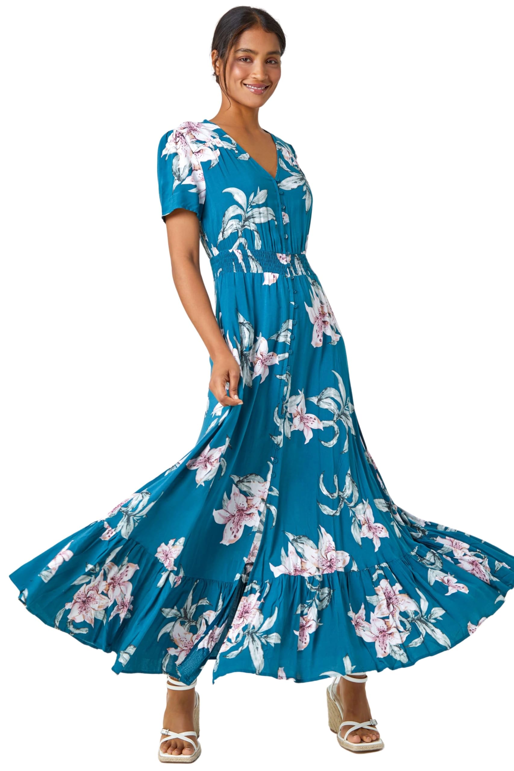 Roman Originals Women's Teal Shirred Empire Waist Dress For Uk Midi Maxi Summer Spring Tiered Frill Hem Short Sleeve V Neck Button Through Boho Bohemian Holiday Cruise - Size 10