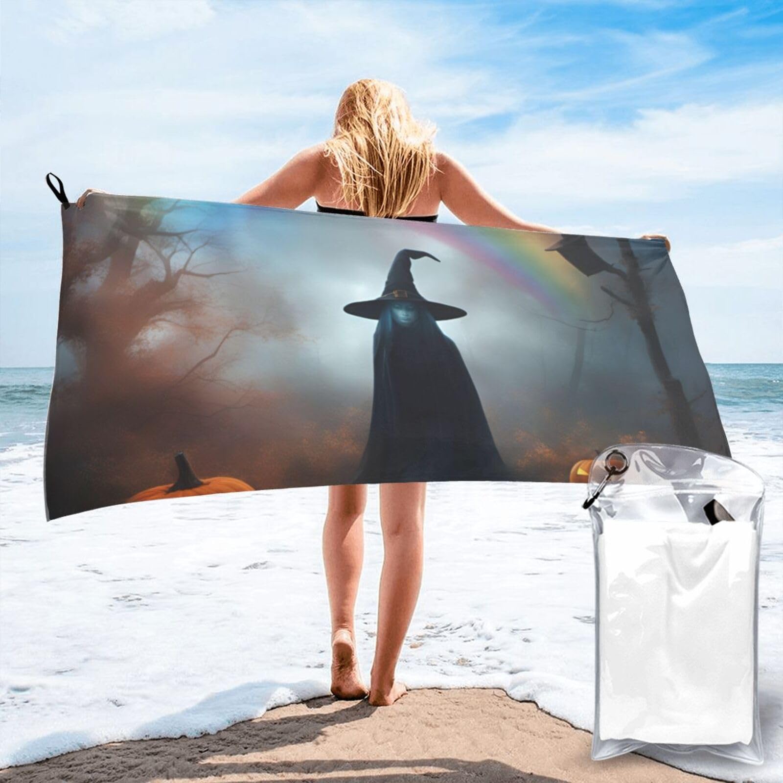 NImongt Rainbow Halloween Ghost Witch Hat Spiders Print Adult Towel Travel Gym Beach Hiking Yoga Camping Lightweight Quick Dry Versatile