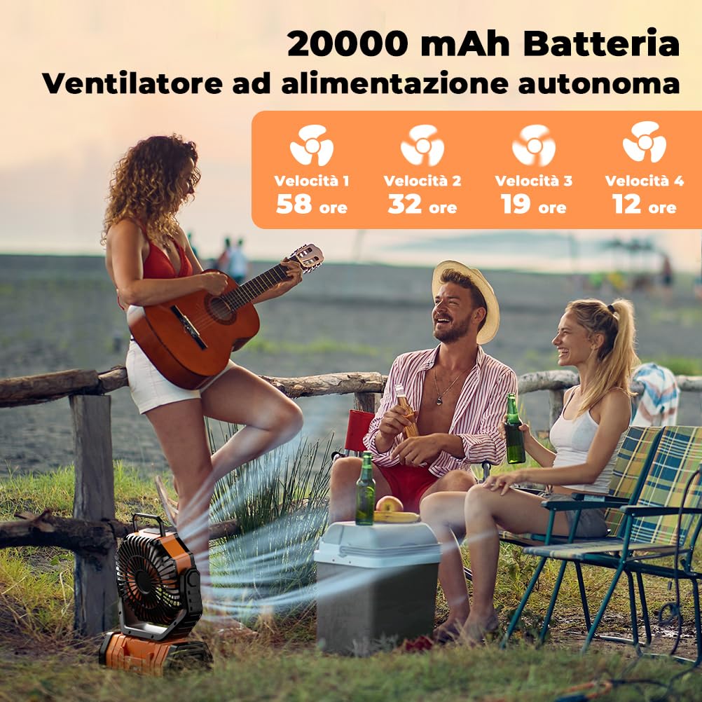 Ventilatore da Campeggio 20000mAh, Ventilatore Portatile Ricaricabile con Luce LED e Telecomando, 4 Velocità Regolabili con Gancio 360° per Tenda, Viaggi