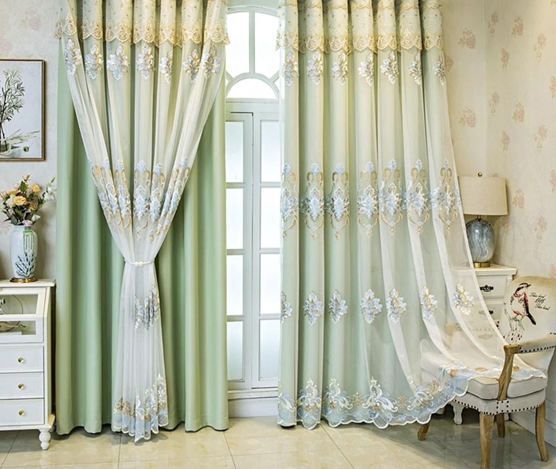 Rideau opaque chambre 132x244 vert à crochet broderie Beydodo