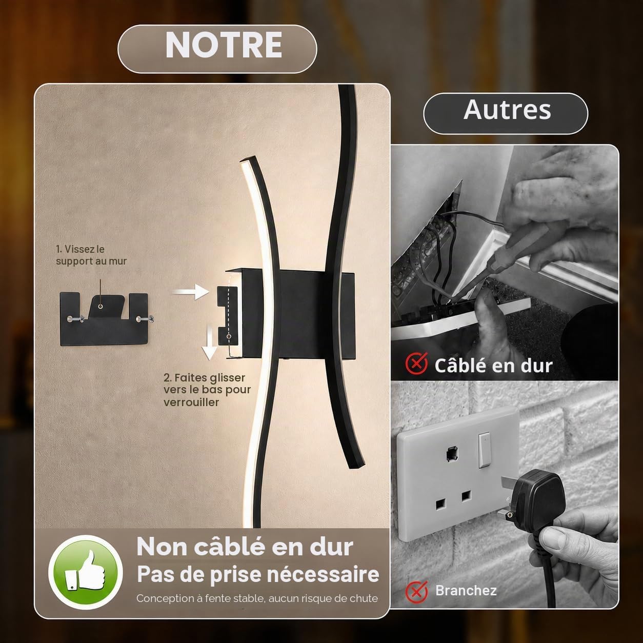 Lot de 2 appliques murales LED d'intérieur à piles avec télécommande - Noir - Moderne - Avec variateur et fonctions de minuterie - Pour salon, chambre à coucher, couloir, escaliers - 100 cm