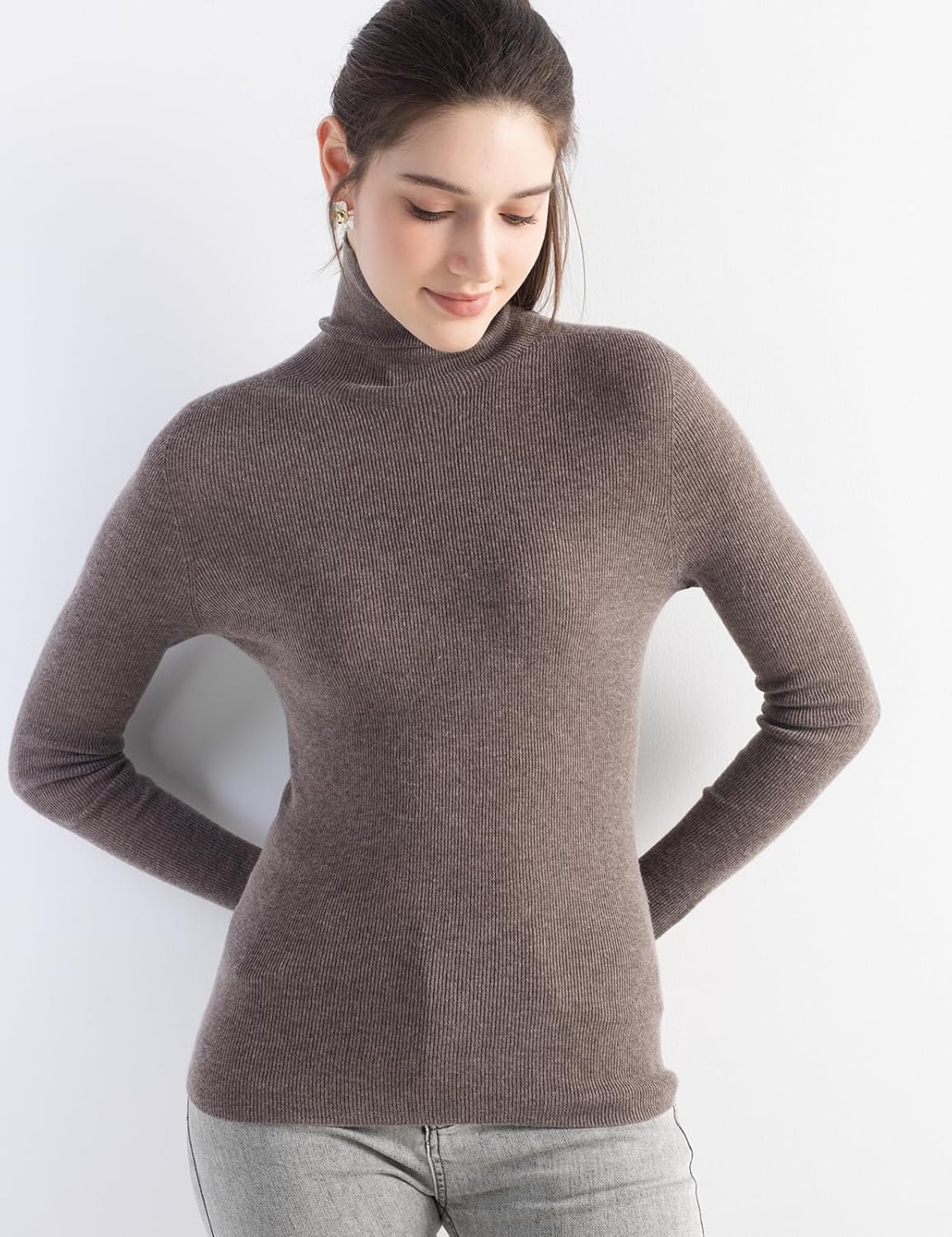 Women's Merino Wool Blend Sweater Turtleneck Rib Slim Fit Long Sleeve First-Line Ready to Wear Seamless Knit Sweater - Image 4