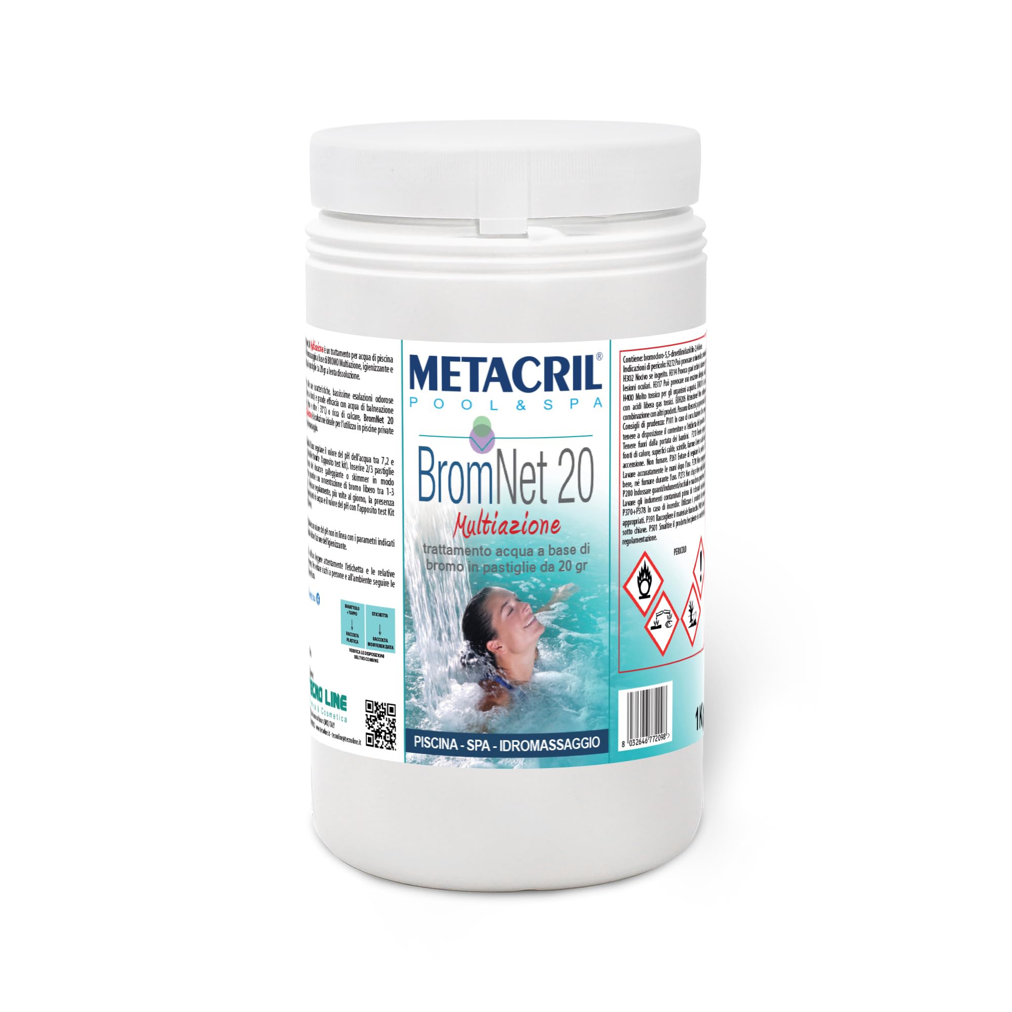 Metacril Brom Net 20 Multiazione, Bromo MULTIAZ. past. 20gr + Gallegg. -1Kg | Bromo Multifunzione in pastiglie da 20gr con Dosatore Galleggiante, Ideale per Piscina e Spa Idromassaggio di tutte le marche