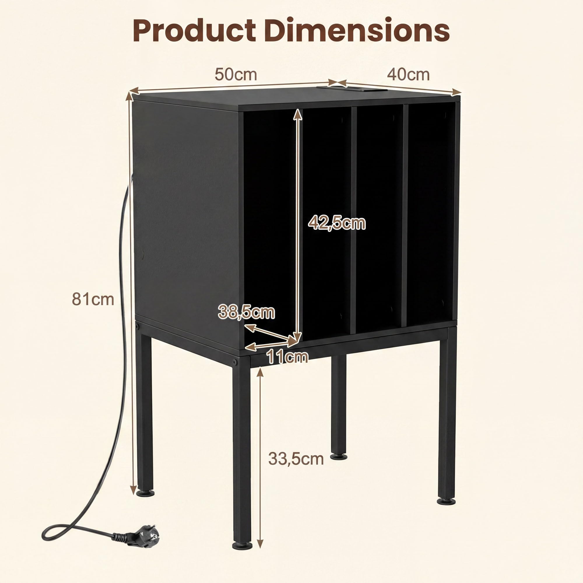KOMFOTTEU Supporto per Giradischi in Vinile con Stazione di Ricarica (Nero) | Struttura Legno-Metallo, Piano Superiore + 4 Scomparti Porta Album, Design Moderno Multifunzione, 50x40x81 cm
