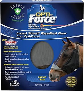 Manna Pro Opti-Force-Force Equine Fly Mask-Horse Fly Mask with UV Protection and Insect Repellent, Adjustable Fit for Comfort - Without Ears Standard